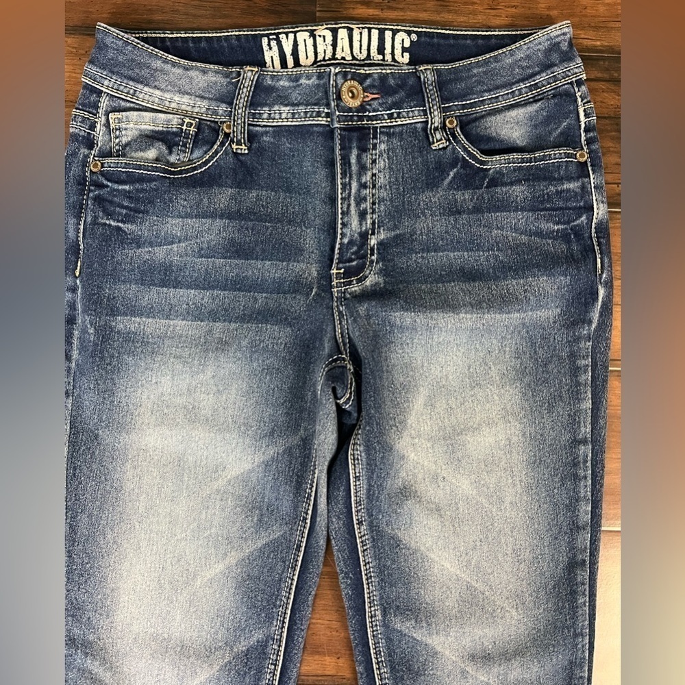 Hydraulic Floral Cuff Cropped Jeans Embroidered Pocket Stretch Denim - Size 6 - Picture 3 of 11